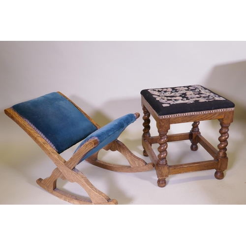 1069 - A carved oak box stool, coal box, gout stool, and oak stool with tapestry seat, raised on barleytwis... 