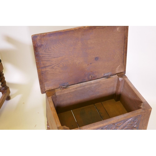 1069 - A carved oak box stool, coal box, gout stool, and oak stool with tapestry seat, raised on barleytwis... 