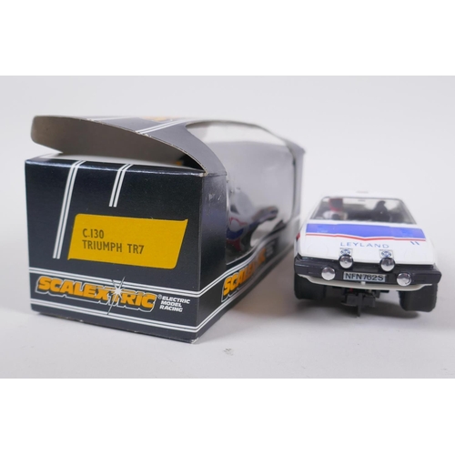 107 - Three 1970s/80s Scalextric Cars to incluede a Porsche Turbo 935 C.125, a Triumph TR7 C.130, and a Sa... 