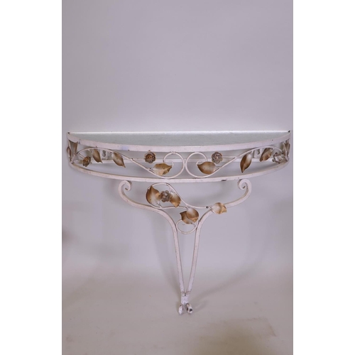 1076 - A painted wrought metal demi lune console table with glass top, 62 x 26cm, 49cm high