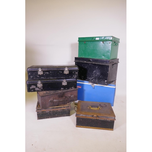 1077 - A quantity of antique metal deed boxes, Hobbs & Co strong box, and a vintage Coleman cool box