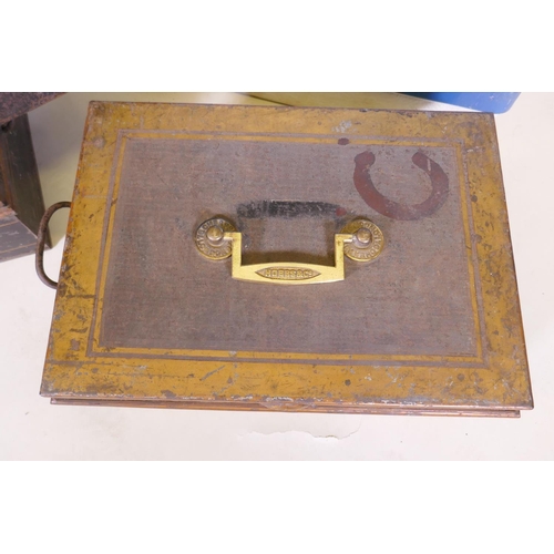 1077 - A quantity of antique metal deed boxes, Hobbs & Co strong box, and a vintage Coleman cool box