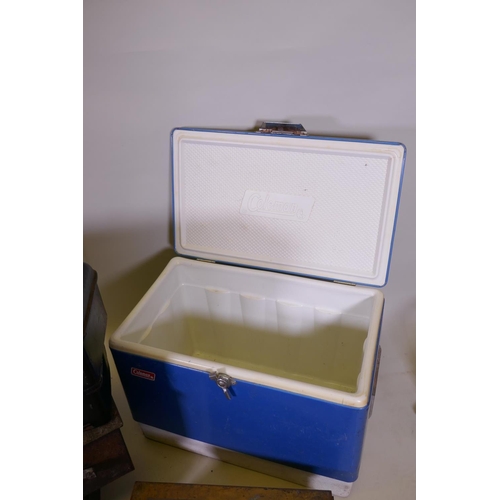 1077 - A quantity of antique metal deed boxes, Hobbs & Co strong box, and a vintage Coleman cool box