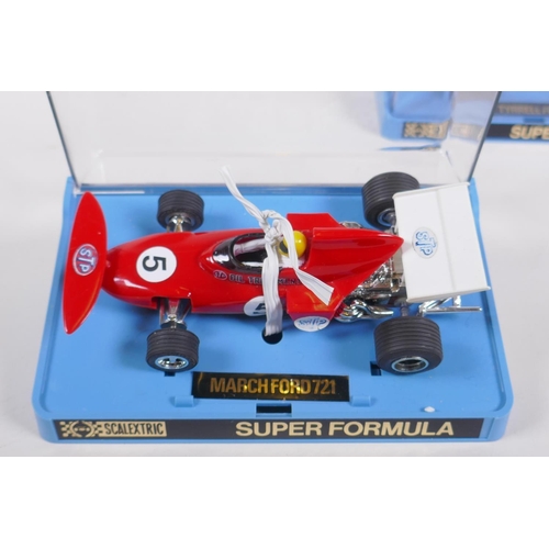 108 - Four 1970s Scalextric cars, to include a Ferrari 312 C.025, a March Ford 721 C.026, a JPS Lotus 72D ... 