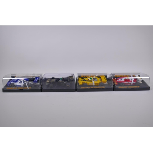 109 - Four 1970s/80s Scalextric cars, to include a Lotus 77 (JPS Livery) C.126, a March Ford 240 (Rothmans... 