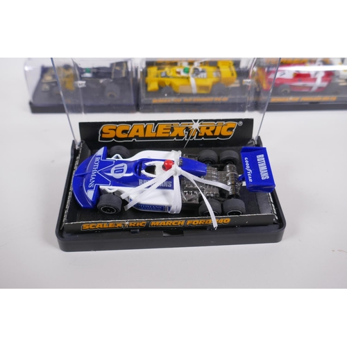 109 - Four 1970s/80s Scalextric cars, to include a Lotus 77 (JPS Livery) C.126, a March Ford 240 (Rothmans... 