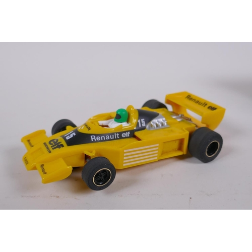 109 - Four 1970s/80s Scalextric cars, to include a Lotus 77 (JPS Livery) C.126, a March Ford 240 (Rothmans... 