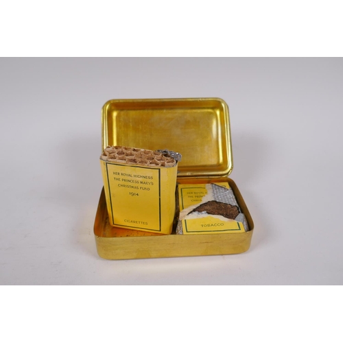 11 - A WWI Queen Mary Christmas 1914 gift tin, with contents, cigarettes unopened, tobacco package (broke... 