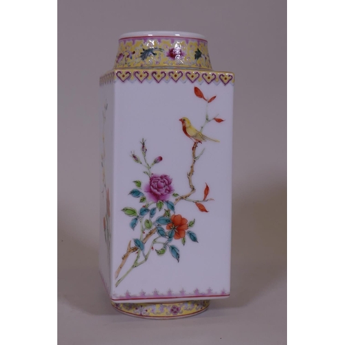 12 - A Chinese cong vase, decorated with birds and flowers, red seal mark to base, 23cm high