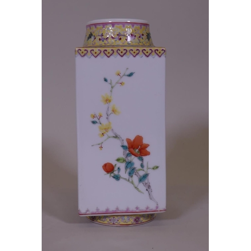 12 - A Chinese cong vase, decorated with birds and flowers, red seal mark to base, 23cm high