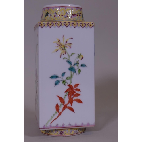 12 - A Chinese cong vase, decorated with birds and flowers, red seal mark to base, 23cm high