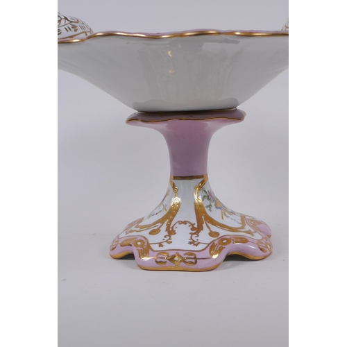 129 - A continental Sevres style porcelain centre piece with pierced handles and gilt highlights, 35 x 30c... 