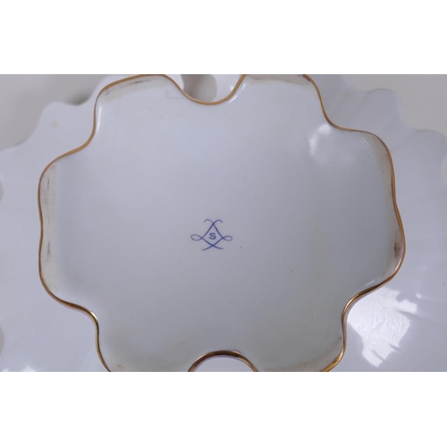 129 - A continental Sevres style porcelain centre piece with pierced handles and gilt highlights, 35 x 30c... 