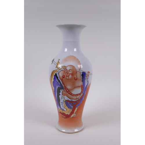 138 - A late C19th/early C20th polychrome porcelain vase decorated with Buddha, Chinese XianFeng 6 charact... 