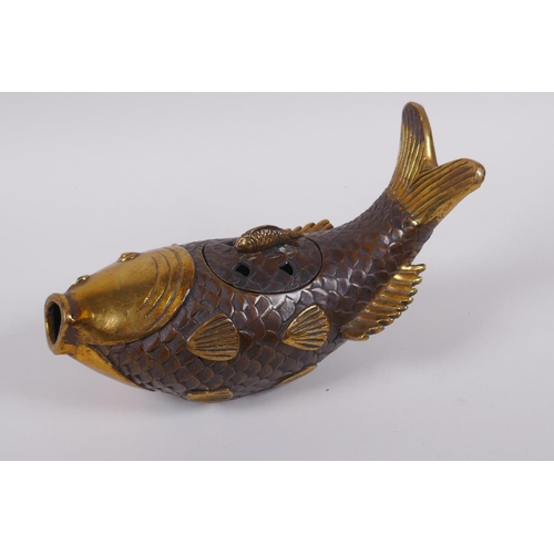 141 - A Chinese gilt bronze censer and cover in the form of a carp, 22cm long, mark to base