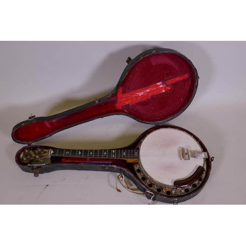 164 - A Will Van Allen tenor banjo, with a hard travel case, 85cm long