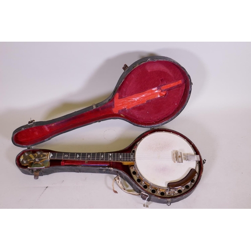 164 - A Will Van Allen tenor banjo, with a hard travel case, 85cm long