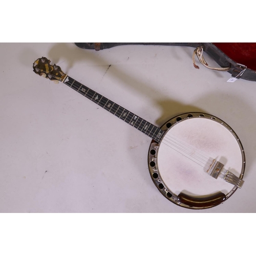 164 - A Will Van Allen tenor banjo, with a hard travel case, 85cm long