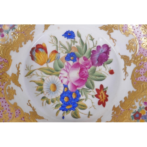 169 - A continental Sevres style pink ground porcelain dish with floral decoration, gilt highlights and br... 