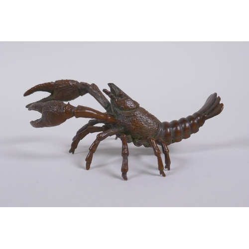 170 - A Japanese style bronze okimono crayfish, impressed mark to tail, 10cm long