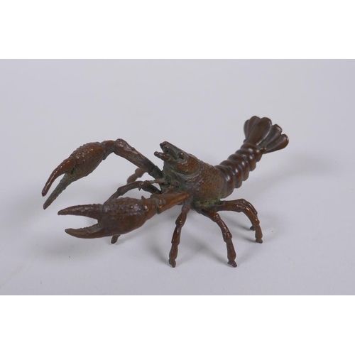 170 - A Japanese style bronze okimono crayfish, impressed mark to tail, 10cm long