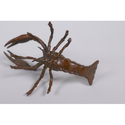 170 - A Japanese style bronze okimono crayfish, impressed mark to tail, 10cm long