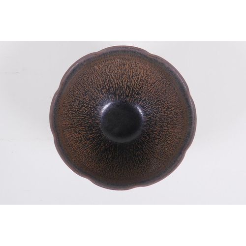 183 - A Chinese Jian kiln bowl with lobed rim and hares fur glaze, 13cm diameter