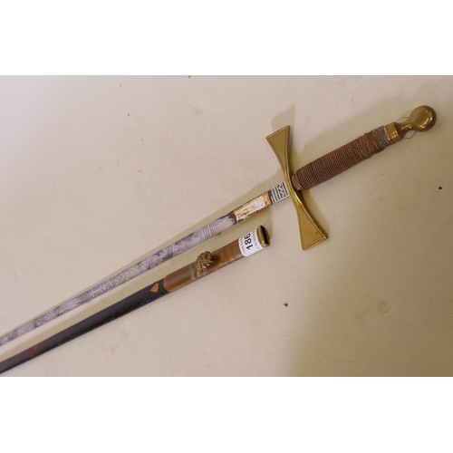 186 - A brass and steel Masonic sword, the blade etched Spencer Co, Queen Street, London, with leather sca... 