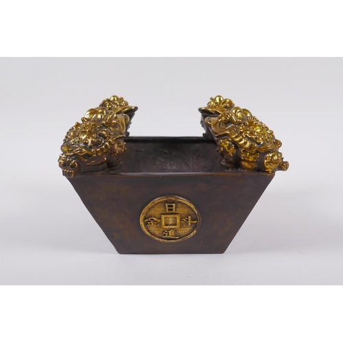 188 - A Chinese square form bronze censer with gilt Chan-chu decoration, 4 character mark to base, 18 x 18... 