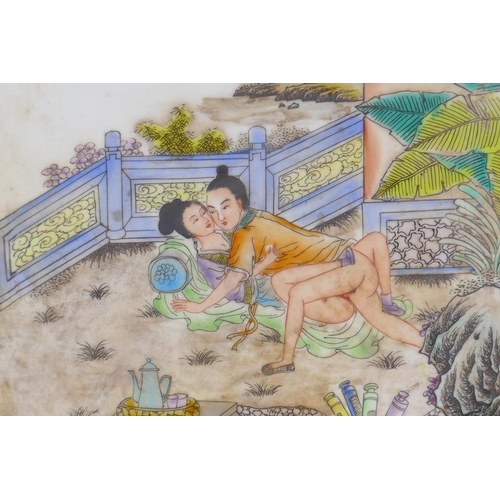 195 - A Chinese famille vert porcelain plaque depicting an erotic scene, 30 x 30cm