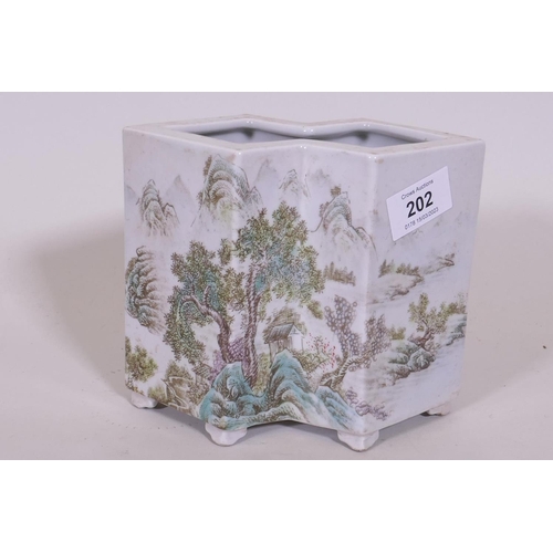 202 - A Chinese famille verte double lozenge shaped vase, decorated with a landscape and verses, 14cm high