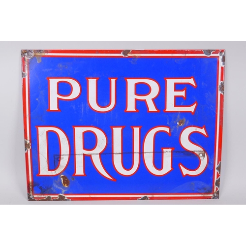 206 - A vintage style 'Pure Drugs' enamel advertising sign, 38 x 29cm