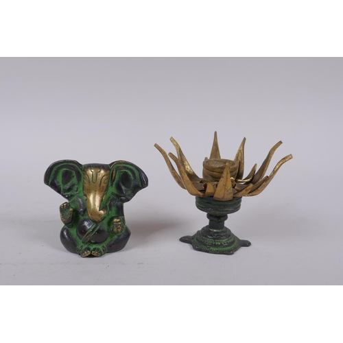 208 - An Indian bronze censer/burner in the form of a lotus flower, and a bronze Ganesh idol, 8cm high