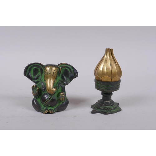 208 - An Indian bronze censer/burner in the form of a lotus flower, and a bronze Ganesh idol, 8cm high