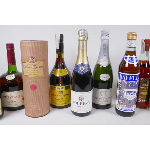 227 - A collection of eleven bottles of spirits and wine, to include Cardinal Mendoza brandy, Courvoisier,... 