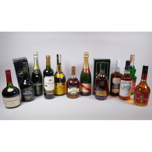 228 - A collection of twelve bottles of spirits and wine, to include G.H. Mumm Champagne, Miguel Torres Ho... 