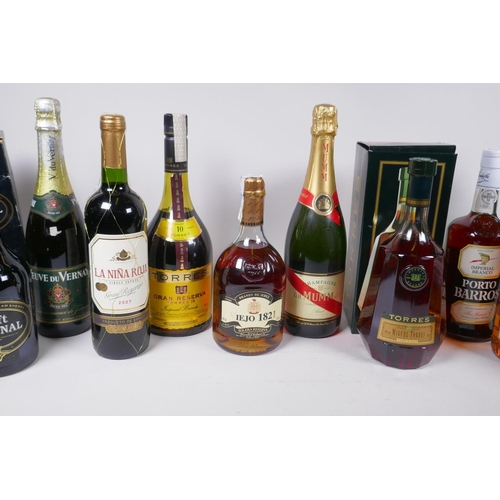 228 - A collection of twelve bottles of spirits and wine, to include G.H. Mumm Champagne, Miguel Torres Ho... 