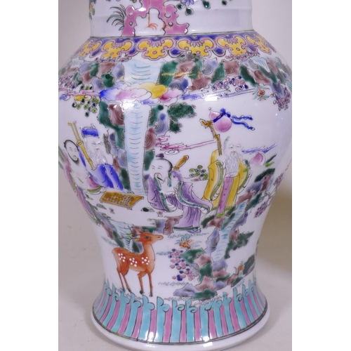 230 - A Chinese famille verte yen yen vase, decorated with figures under a cypress tree, 42cm high, and a ... 