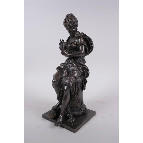 24 - After Emile Bruchon, a late C19th/early C20th French bronze of a seated woman holding a nest of fled... 