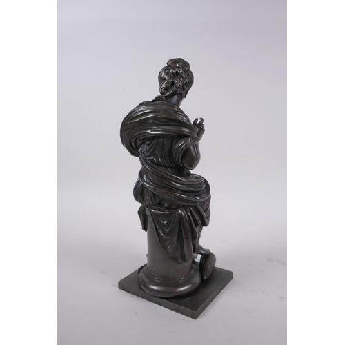 24 - After Emile Bruchon, a late C19th/early C20th French bronze of a seated woman holding a nest of fled... 