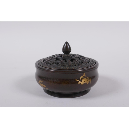 245 - A Chinese gilt splash bronze censer and pierced cover, with bat and auspicious symbol decoration, ma... 