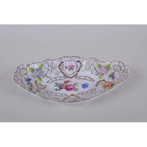 247 - A Sevres style porcelain trinket dish with applied floral decoration and gilt highlights, 21 x 12cm