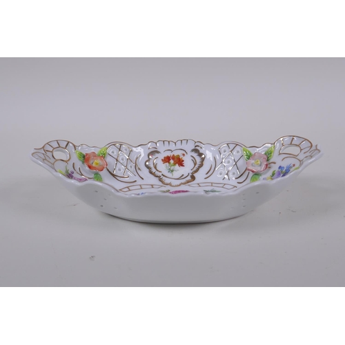 247 - A Sevres style porcelain trinket dish with applied floral decoration and gilt highlights, 21 x 12cm