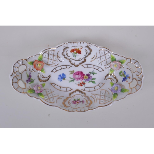 247 - A Sevres style porcelain trinket dish with applied floral decoration and gilt highlights, 21 x 12cm