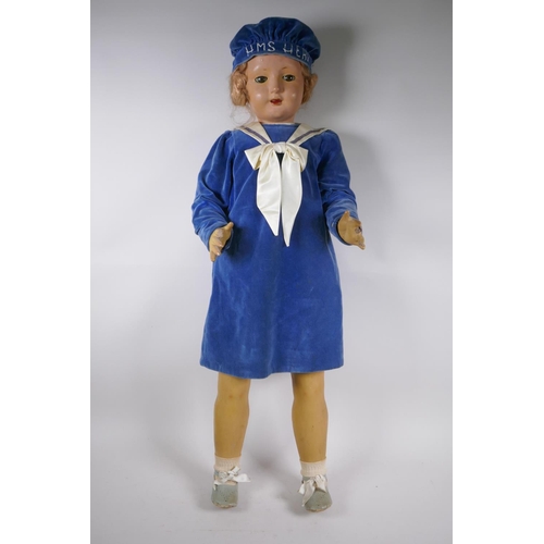 249 - A vintage 30s/40s life size lacquered wood walking doll in 'HMS Hero' clothing, with brown sleeping ... 