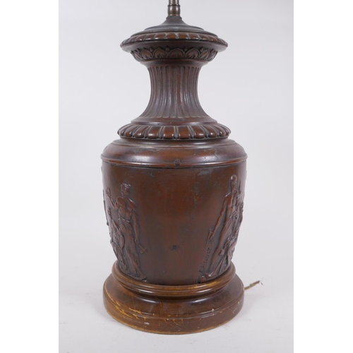 250 - Emile Louis Picault, (French, 1833-1915), an antique bronze urn with raised classical figural decora... 