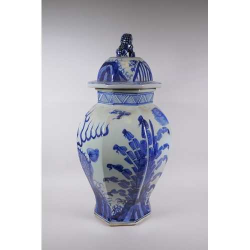 263 - A Chinese blue and white porcelain jar and cover of hexagonal form decorated with a kylin in a lands... 