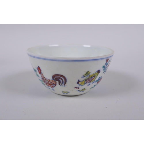 28 - A Doucai porcelain tea bowl with chicken decoration, Chinese Chenghua 6 character mark to base, 8cm ... 