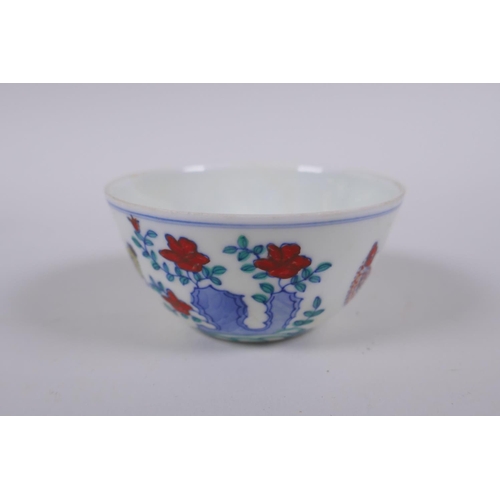 28 - A Doucai porcelain tea bowl with chicken decoration, Chinese Chenghua 6 character mark to base, 8cm ... 