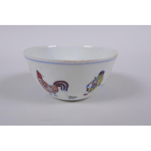 28 - A Doucai porcelain tea bowl with chicken decoration, Chinese Chenghua 6 character mark to base, 8cm ... 